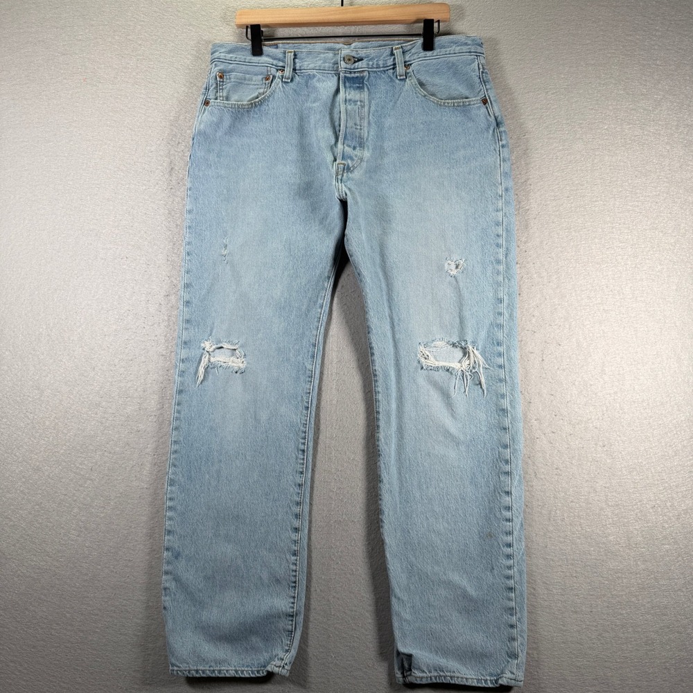 Levis 501 Denim Jeans Mens W36 L30 Ripped Distressed Light Wash Straight Leg